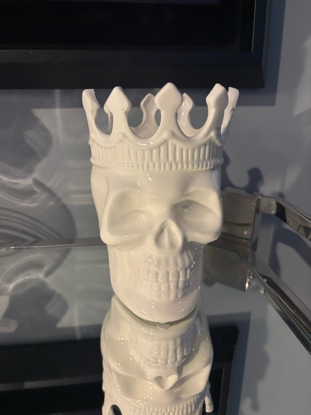 Ceramic Skull Candle Holder with Crown - White some irregular marking